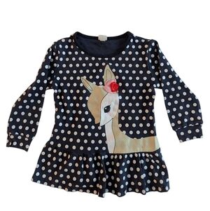 Hao Ling Fan Girls Polka Dot Deer Print Navy Blue Kids Top Cotton Size 6